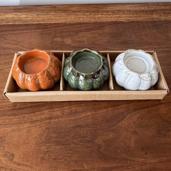 Harvest Treasures Porcelain Candle Holder Set 3 Pumpkins w/ Fall Phrases Decor - Picture 4 of 11